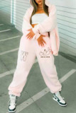 Pink Fashion Casual Print Cardigan Pants Hooded Collar Long Sleeve Two Pieces