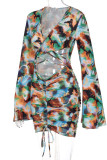 Colour Fashion Sexy Print Hollowed Out V Neck Long Sleeve Dresses