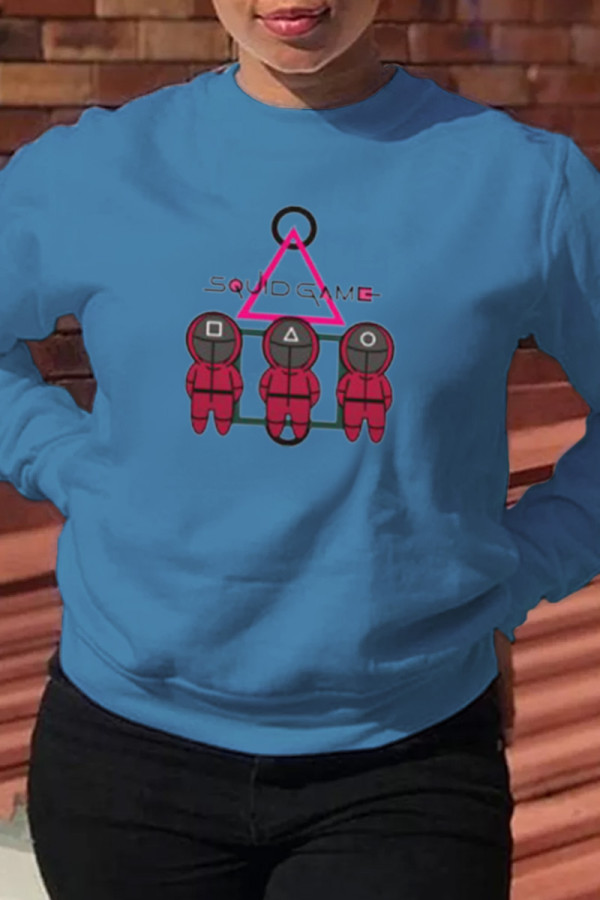 Blue Casual Street Print Patchwork O Neck Tops (squid game)