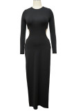 Black Sexy Solid Hollowed Out Patchwork Metal Accessories Decoration Slit O Neck Straight Dresses