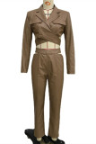 Brown Fashion Casual Solid Patchwork Turndown Collar Long Sleeve Two Pieces