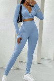 Coffee Casual Sportswear Solid Basic V Neck Long Sleeve Two Pieces