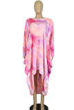 Pink Casual Print Tie Dye Split Joint Asymmetrical O Neck Irregular Dress Dresses