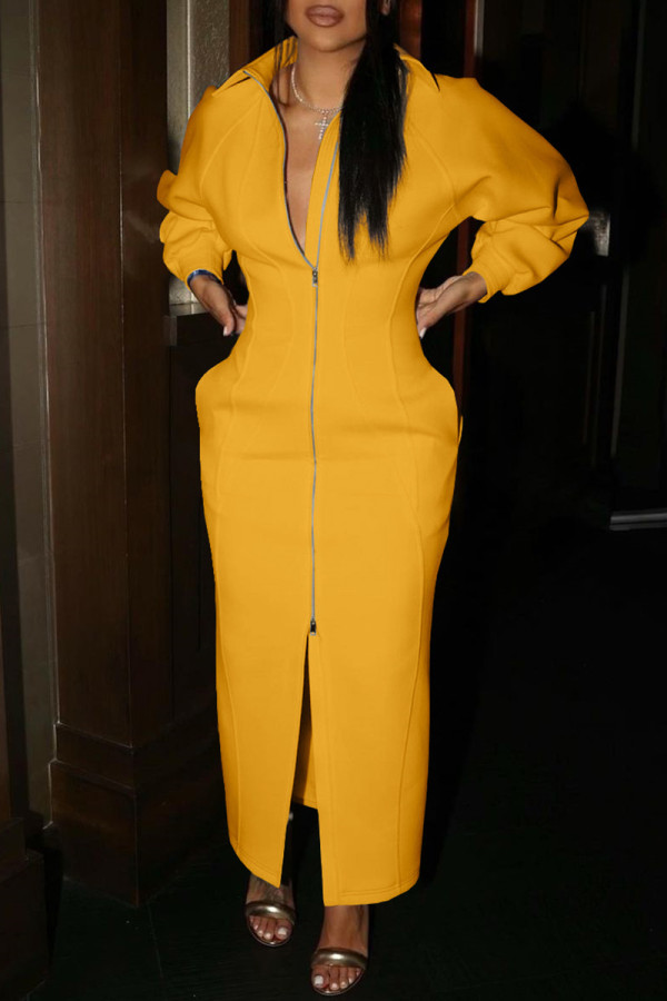Yellow Fashion Casual Solid Patchwork Slit Zipper Turndown Collar Long Sleeve Dresses