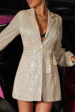 Champagne Fashion Casual Patchwork Sequins Turndown Collar Outerwear