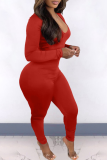 Red Sexy Solid Backless V Neck Skinny Jumpsuits