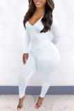 White Sexy Solid Backless V Neck Skinny Jumpsuits