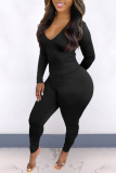 Black Sexy Solid Backless V Neck Skinny Jumpsuits