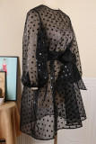 Black Sexy Print Polka Dot Patchwork See-through With Belt O Neck Princess Dresses