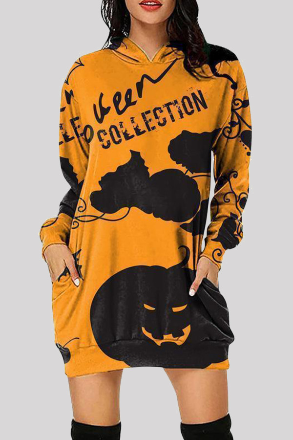 Black Fashion Casual Print Basic Hooded Collar Long Sleeve Dresses