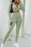 Coffee Casual Sportswear Solid Basic V Neck Long Sleeve Two Pieces