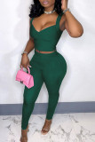 Army Green Sexy Casual Solid Backless V Neck Sleeveless Two Pieces