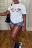 White Casual Print Patchwork O Neck Tops