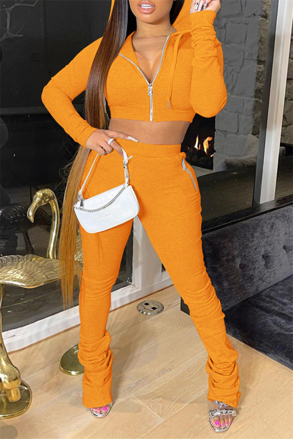 Caramel Colour Fashion Solid Fold Hooded Collar Long Sleeve Two Pieces