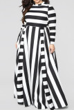 Black Fashion Casual Striped Print Basic O Neck Long Sleeve Plus Size Dress