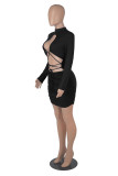 Black Fashion Sexy Solid Hollowed Out O Neck Long Sleeve Dresses