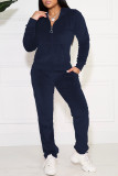 Navy Blue Casual Solid Pocket Hooded Collar Long Sleeve Two Pieces