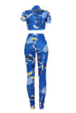 Blue Fashion Casual Print Hollowed Out V Neck Short Sleeve Two Pieces