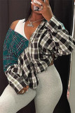 Grey Fashion Casual Plaid Print Patchwork Turndown Collar Outerwear