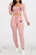 Pink Fashion Casual Print Draw String Square Collar Long Sleeve Two Pieces