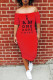 Red Off The Shoulder Short Sleeves One word collar Mid-Calf Patchwork Casual Dresses