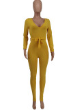 Yellow Casual Solid Split Joint With Belt V Neck Skinny Jumpsuits