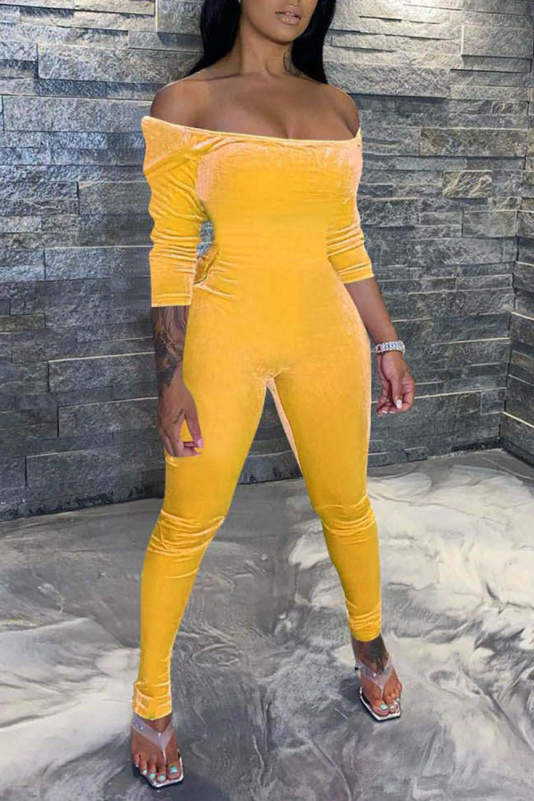 Yellow Sexy Casual Solid Patchwork Off the Shoulder Regular Jumpsuits