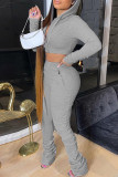 Light Blue Fashion Solid Fold Hooded Collar Long Sleeve Two Pieces