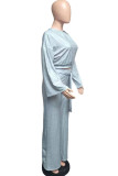 Grey Casual Solid Patchwork O Neck Long Sleeve Two Pieces