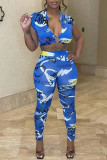 Blue Fashion Casual Print Hollowed Out V Neck Short Sleeve Two Pieces