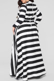 Black Fashion Casual Striped Print Basic O Neck Long Sleeve Plus Size Dress