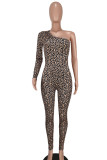 Camel Sexy Print Leopard Patchwork Asymmetrical Oblique Collar Skinny Jumpsuits