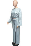 Grey Casual Solid Patchwork O Neck Long Sleeve Two Pieces