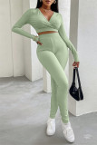 Coffee Casual Sportswear Solid Basic V Neck Long Sleeve Two Pieces
