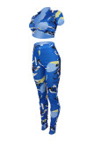 Blue Fashion Casual Print Hollowed Out V Neck Short Sleeve Two Pieces