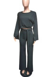 Grey Casual Solid Patchwork O Neck Long Sleeve Two Pieces