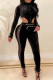 Black Fashion Sexy Patchwork Hollowed Out See-through Zipper Collar Long Sleeve Jumpsuits (Without Belt Bag)
