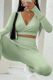 Coffee Casual Sportswear Solid Basic V Neck Long Sleeve Two Pieces
