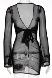 Black Sexy Solid Bandage See-through V Neck Long Sleeve Dresses