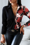 Black Pink Casual Print Patchwork Buckle Turndown Collar Tops