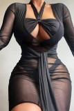 Black Sexy Solid Bandage See-through V Neck Long Sleeve Dresses