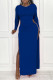 Blue Sexy Solid Hollowed Out Patchwork Metal Accessories Decoration Slit O Neck Straight Dresses