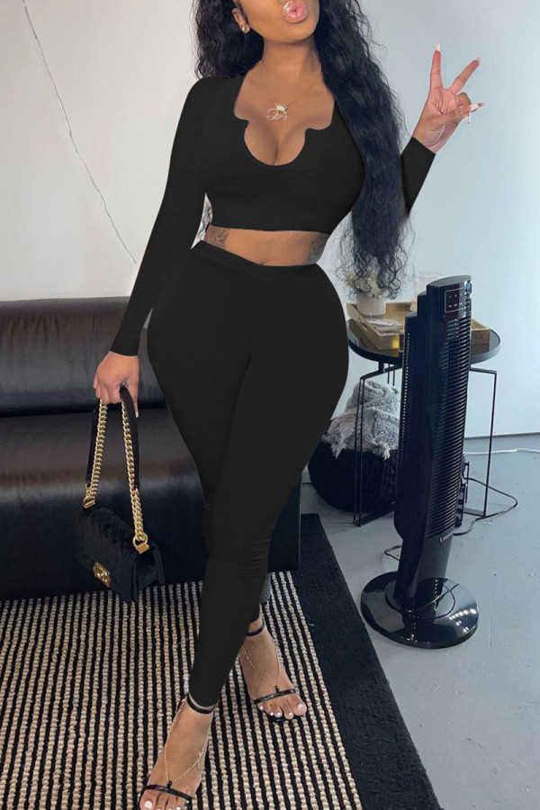 Black Casual Solid Patchwork V Neck Long Sleeve Two Pieces