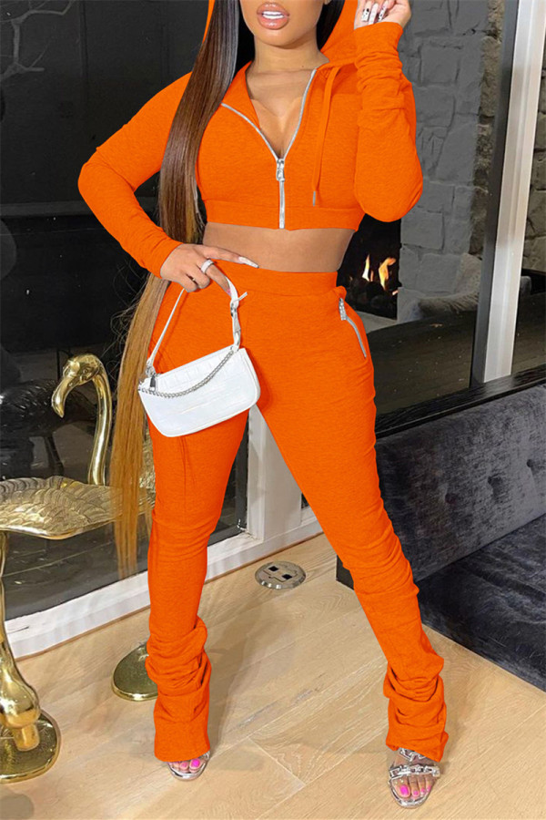 Orange Fashion Solid Fold Hooded Collar Long Sleeve Two Pieces
