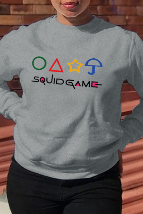 Grey Fashion Casual Print Patchwork O Neck Tops (squid game)
