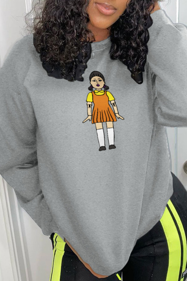 Grey Casual Cute Character Print Patchwork O Neck Tops