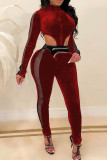 Burgundy Fashion Sexy Patchwork Hollowed Out See-through Zipper Collar Long Sleeve Jumpsuits (Without Belt Bag)