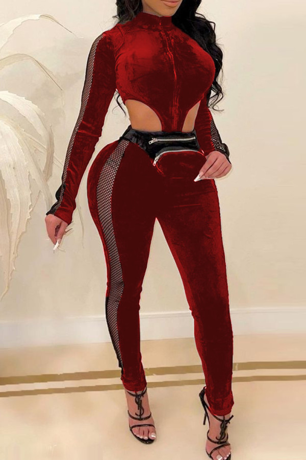 Burgundy Fashion Sexy Patchwork Hollowed Out See-through Zipper Collar Long Sleeve Jumpsuits (Without Belt Bag)
