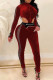 Burgundy Fashion Sexy Patchwork Hollowed Out See-through Zipper Collar Long Sleeve Jumpsuits (Without Belt Bag)