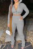 Light Blue Fashion Solid Fold Hooded Collar Long Sleeve Two Pieces